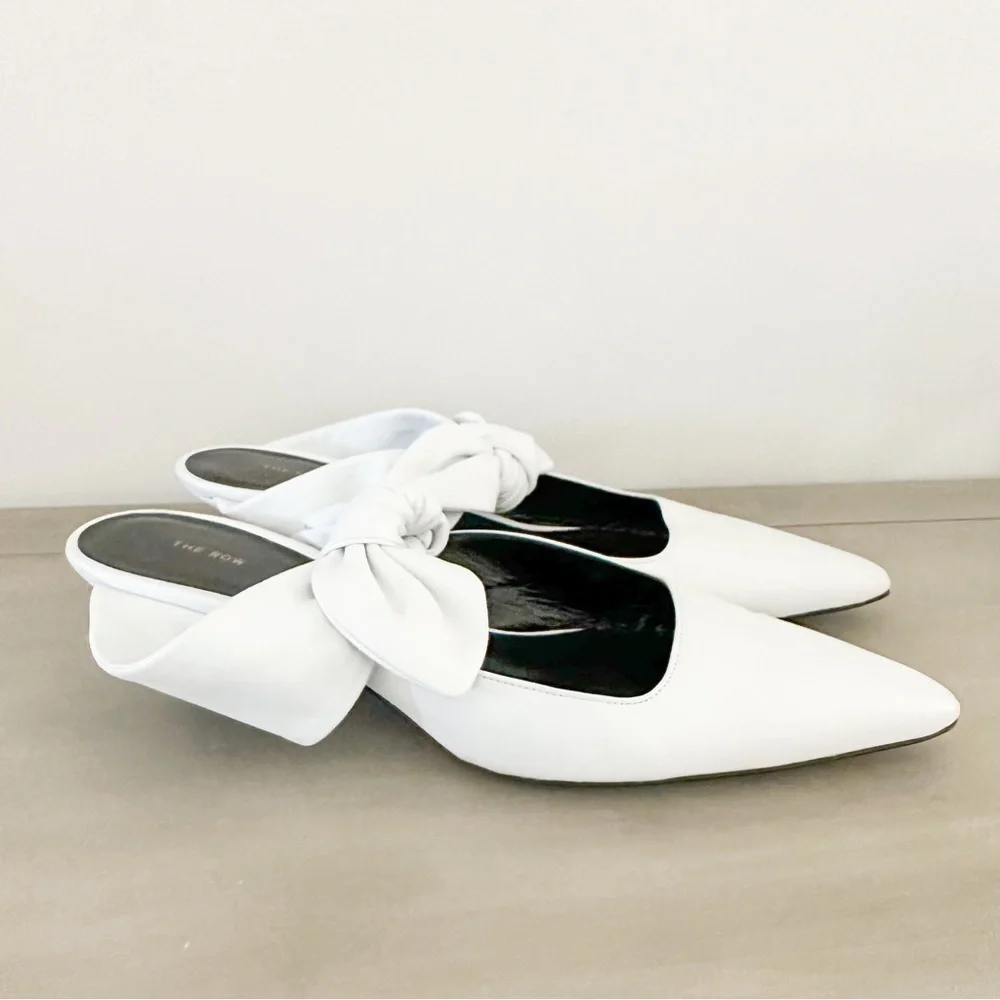 The Row White Leather Coco Bow Kitten Heel Mules sz 40